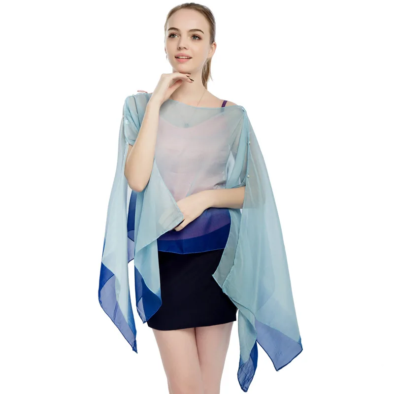 Women Sun Protection Shawl for Cycling Lady Summer Chiffon T-shirt Holiday Gradient Scarf Bikini Blouse Breathable Beach Wrap