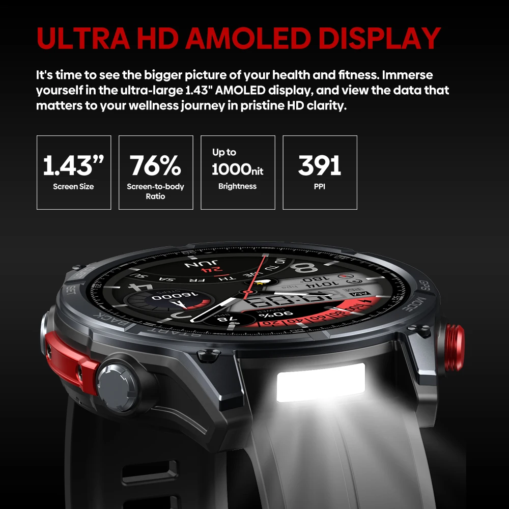 New Ciberer Vertix Stratos 4 GPS Smart Watch 1.43''AMOLED Display Built-in Compass Flashlight 170+ Sports Modes 5 ATM Smartwatch