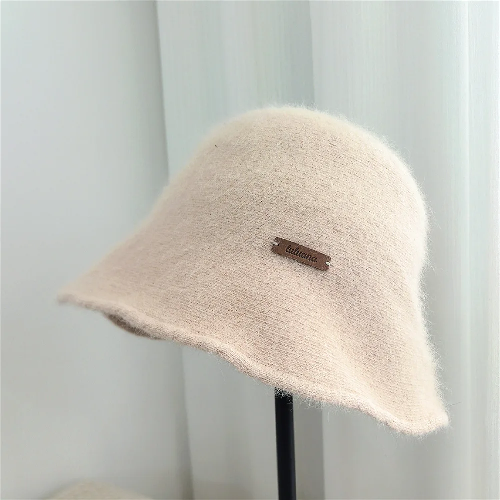 Bucket Hat Fluffy Women Winter Rabbit Fur Wool Knit Warm Wide Brim Warm Cap Headwear Accessory For Autumn Climb Outdoor Climb