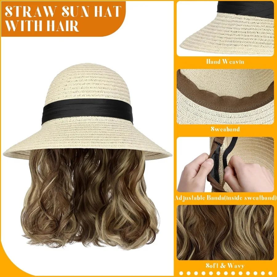 Sonnenhut mit Haarverlängerungen für Damen, Sommer: faltbarer Strandhut aus Stroh mit breiter Krempe und befestigtem 9-Wellen-Synthetik-Haarteil UPF