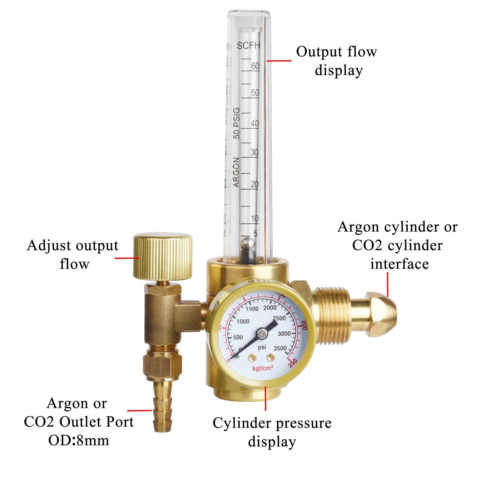 All Brass  Argon/CO2 Mig Tig Flow Meter Gas Regulator Gauge Welding Weld 0-60CFH CGA580 Inlet