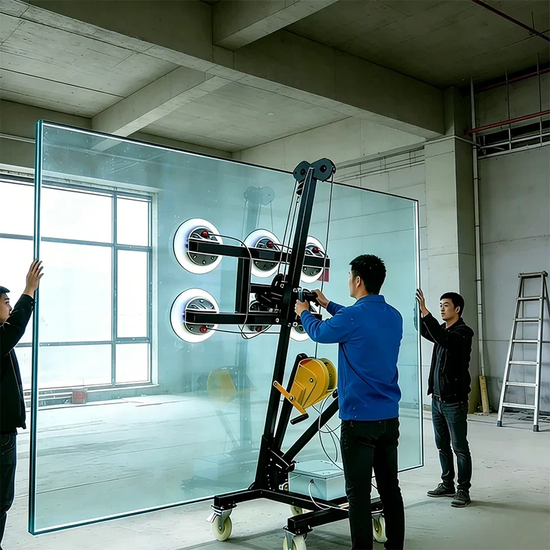 

Heavy-Duty Glass Suction Cup Cart with Hand-Crank Adjustable Suction Cups—Installation Support Stand for Glass Doors(Customized)