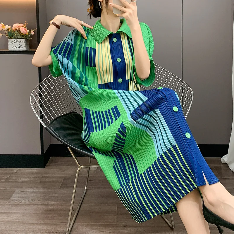 

Miyake 2025 Pleated Spring New Printing Medium-length Temperament Dress Fashionable Ageing Versatile Slim Thin Cardigan Skirt