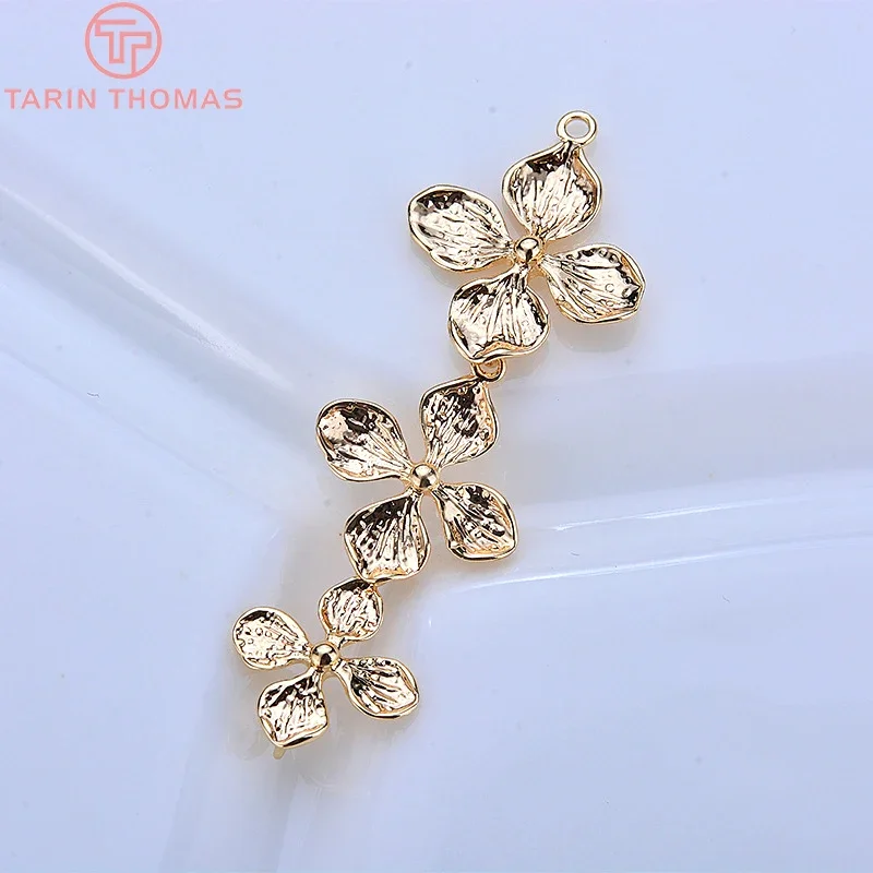 (727)4PCS 42x15MM 24K Champagne Gold Color Plated Brass Double Flower Charms Pendants High Quality Diy Jewelry Accessories