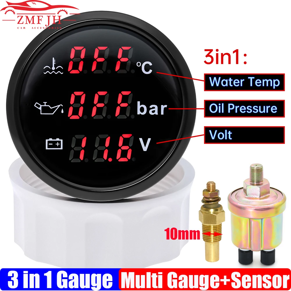 3 In 1 Digital 52mm Gauge with Alarm 0~120℃ Water Temperature Gauge+Oil Pressure+Voltage with Oil Press/Water Temp Sensor Custom