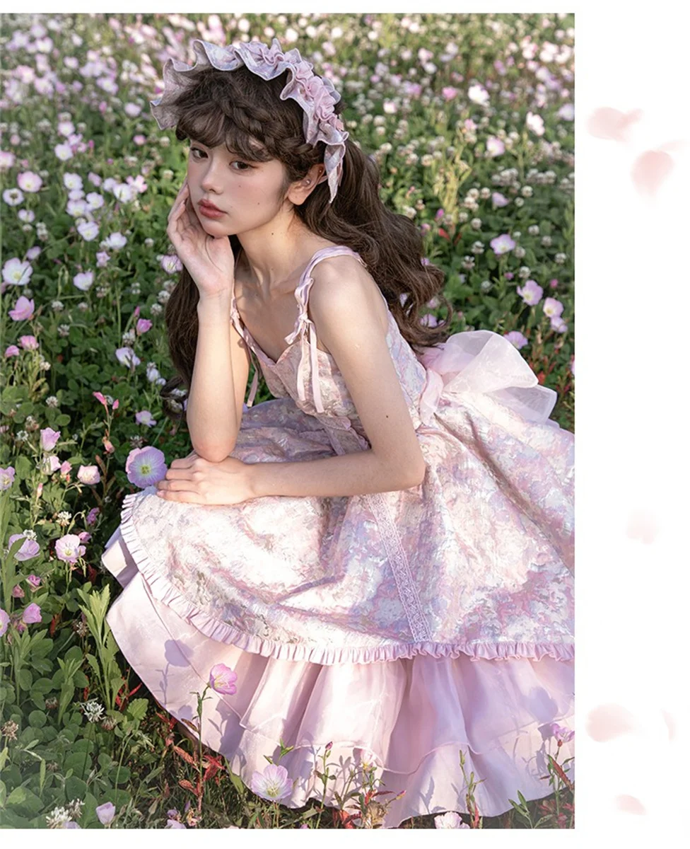 Französisch Süße Romantische Jsk Lolita Cosplay Nette Mädchen Dark Muster Jacquard Spitze Tunika Mesh Bogen Rüschen Backless Prinzessin Kleid