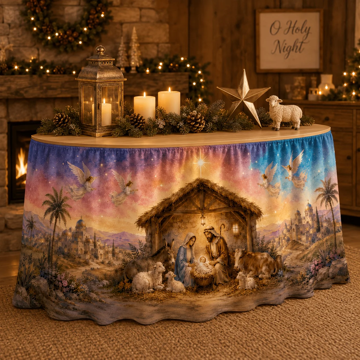 Tablecloth or table skirt 1 piece. Polyester watercolor Christmas scene Christmas tree. Holy Family angel, sheep, donkey, cowzyc