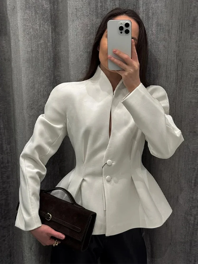 Women's Solid Hollow Out Blazers Spring Female Stand Collar Full Sleeve Slim Waist Solid A-Line Jackets Lady Elegant Chic Coats