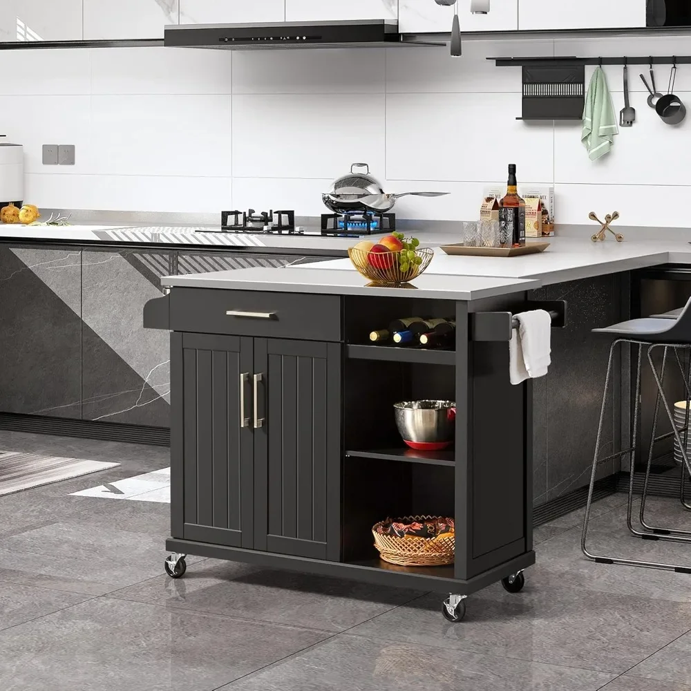 Kitchen Island with Stainless Steel Top and Storage Cabinet, Kitchen Cart on Wheels with Drawer Open Shelves Wine Rack