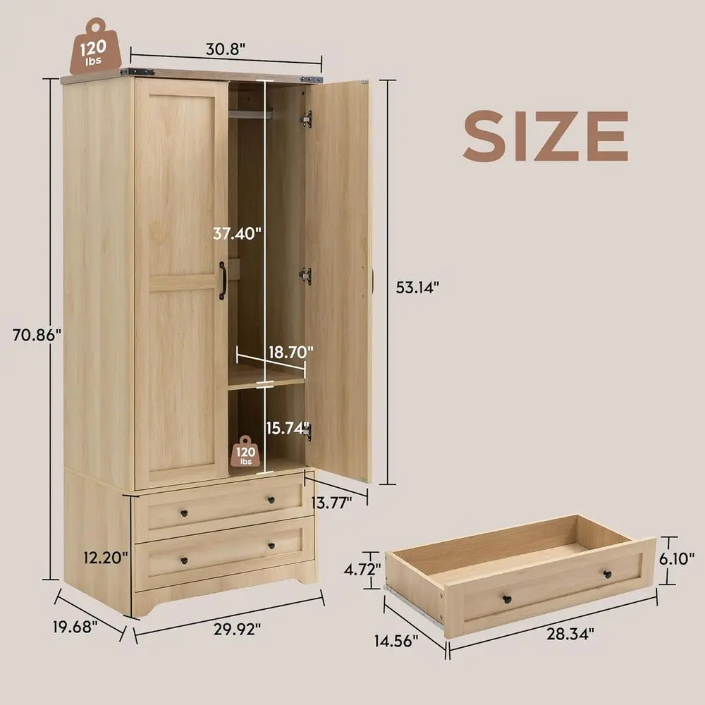 Komorebi Natural Wood Two-Drawer Armoire Closet Interior Layout