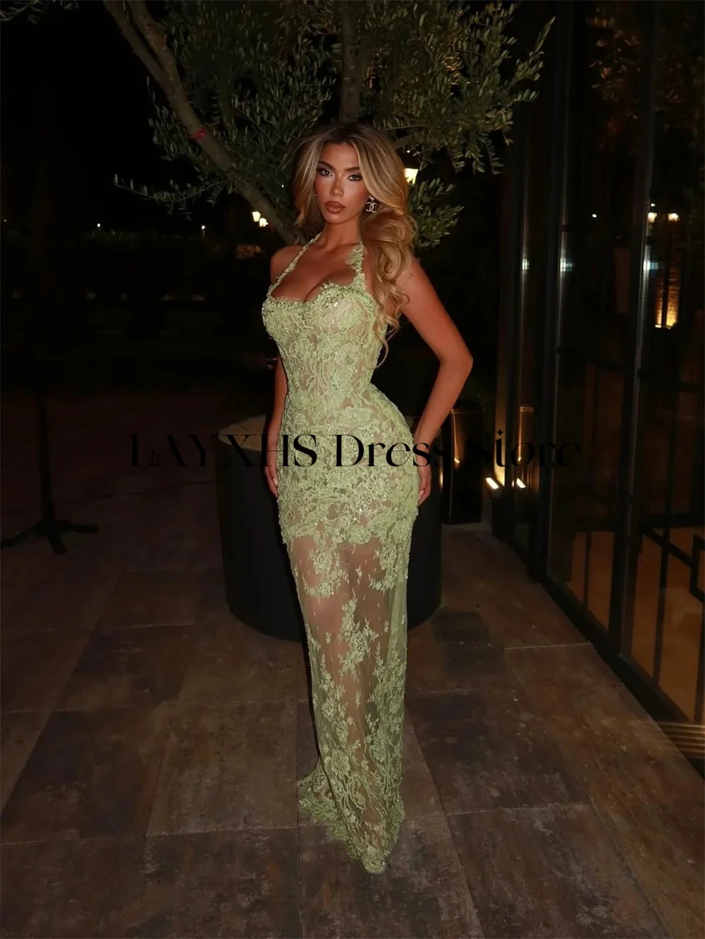 LAYXHS Sexy Green Halter Evening Dresses Sweetheart Lace Mermaid Transparent Party Prom Gowns Customized فساتين سهره