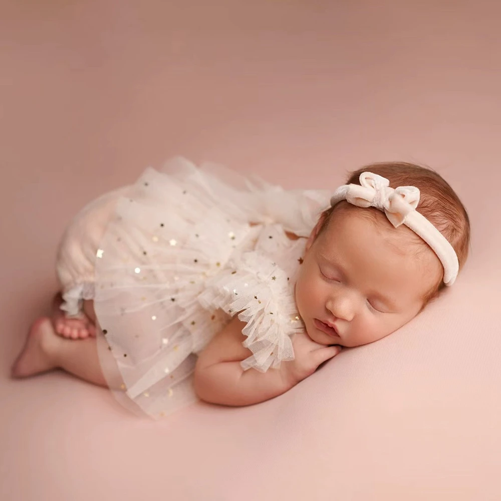 Lace Ruffle Gold Star Tutu Newborn Photography Romper White Baby Girl Photo Outfit Infant Bodysuit Photoshoot Clothes