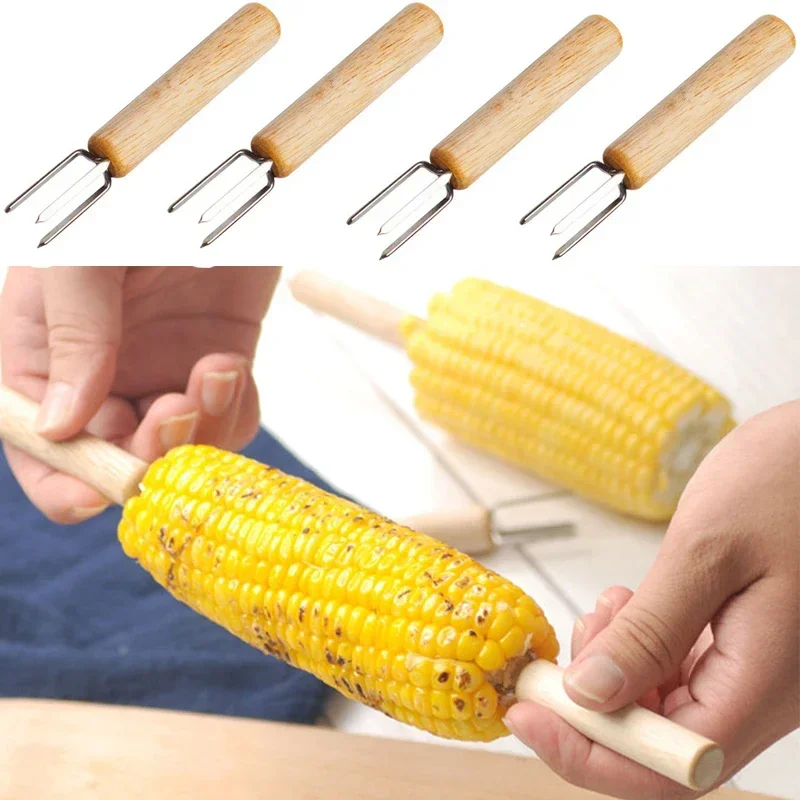 Tenedor de maíz para barbacoa, soportes de acero inoxidable para barbacoa, aguja de maíz antiescaldado de mano en espiga, herramienta de barbacoa de doble horquilla para uso doméstico