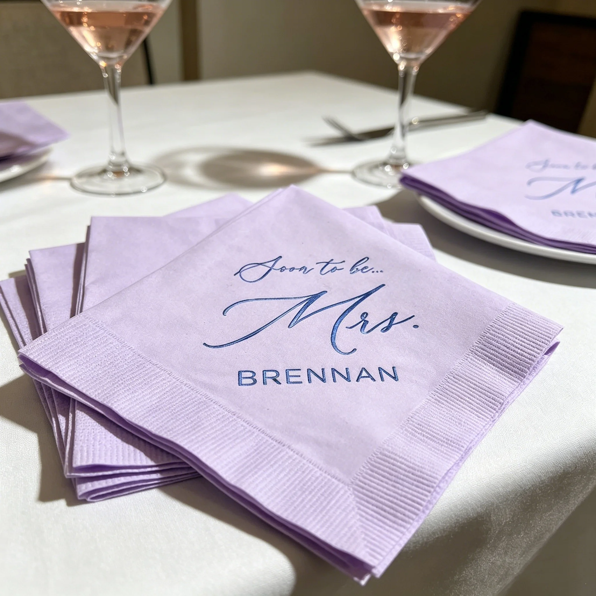 

50pcs Custom Bridal Shower Napkins, Personalized "Soon to Be Mrs." Last Name Blue Foil Disposable Cocktail Napkins, Multi-Colors
