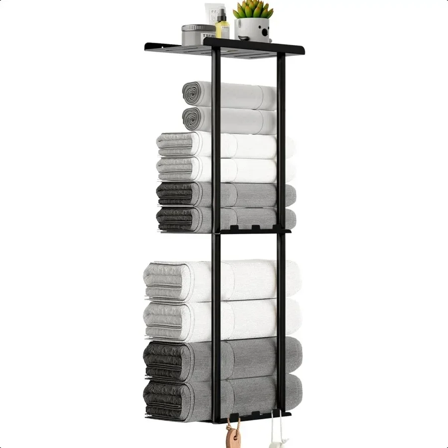 

Towel Racks for Bathroom Towel Holder with Shelf 6 Hooks 3Tier Vertical Towel Rack Sturdy Metal Wall Mounted Towel Storage Rack