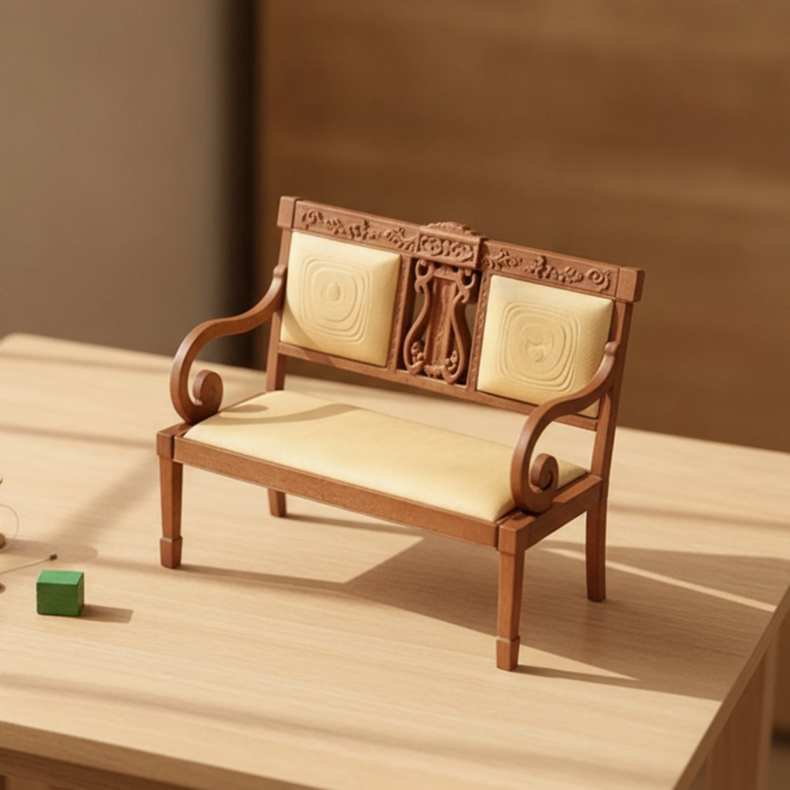 Dollhouse Bench with Cushions Wood-Look Dollhouse Bench Miniature Sofa with Cushions Two-Seat Furniture Cloth for Collectors
