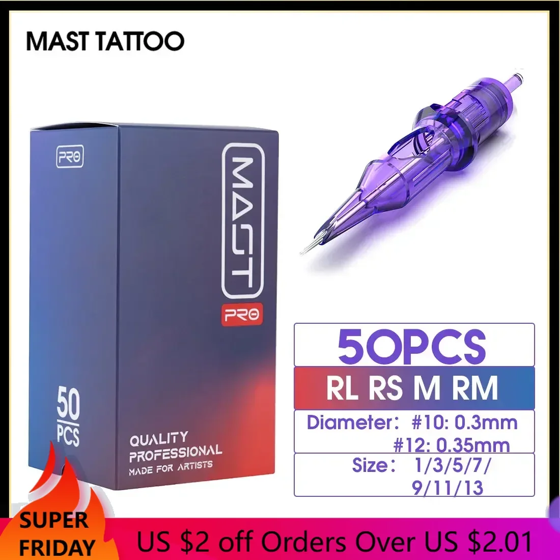 Mast Tattoo PRO Mixed Size RL/RS/RM/M Sterilized Cartridge Needles Permanent  for Tattoo Machine Supply 0.3mm/0.35mm 50pcs/Box