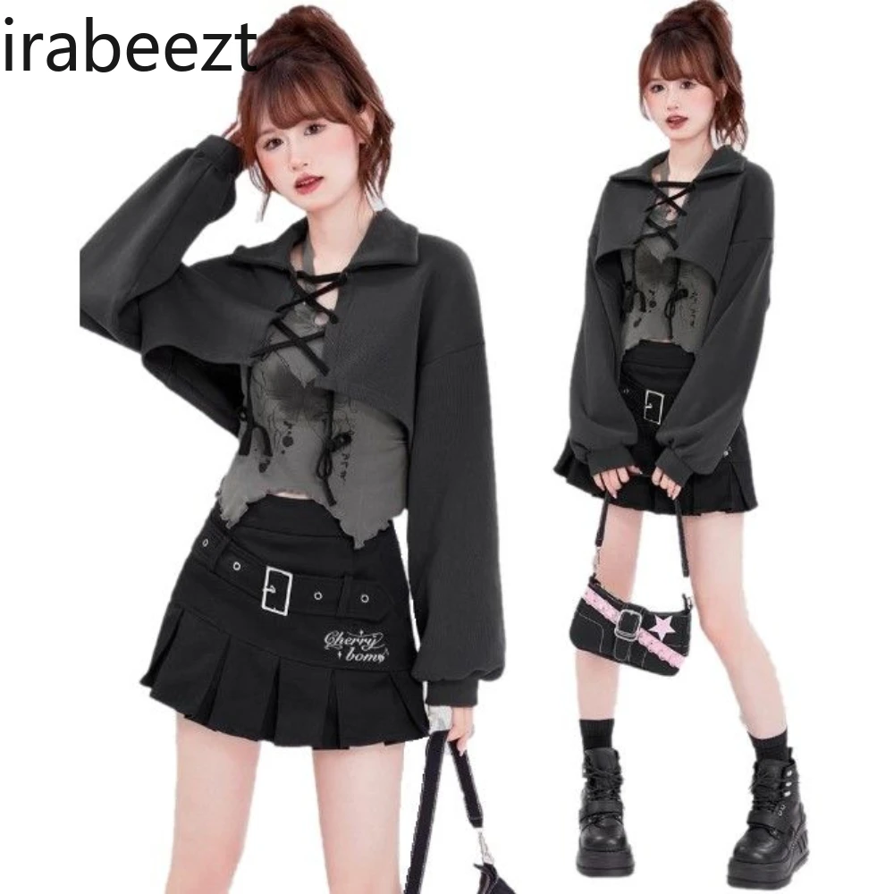 Graffiti Butterfly Print Two-piece Loose Strappy Sweatshirt Top for Women with Small Suspenders Slim Fit Gothic Clothes