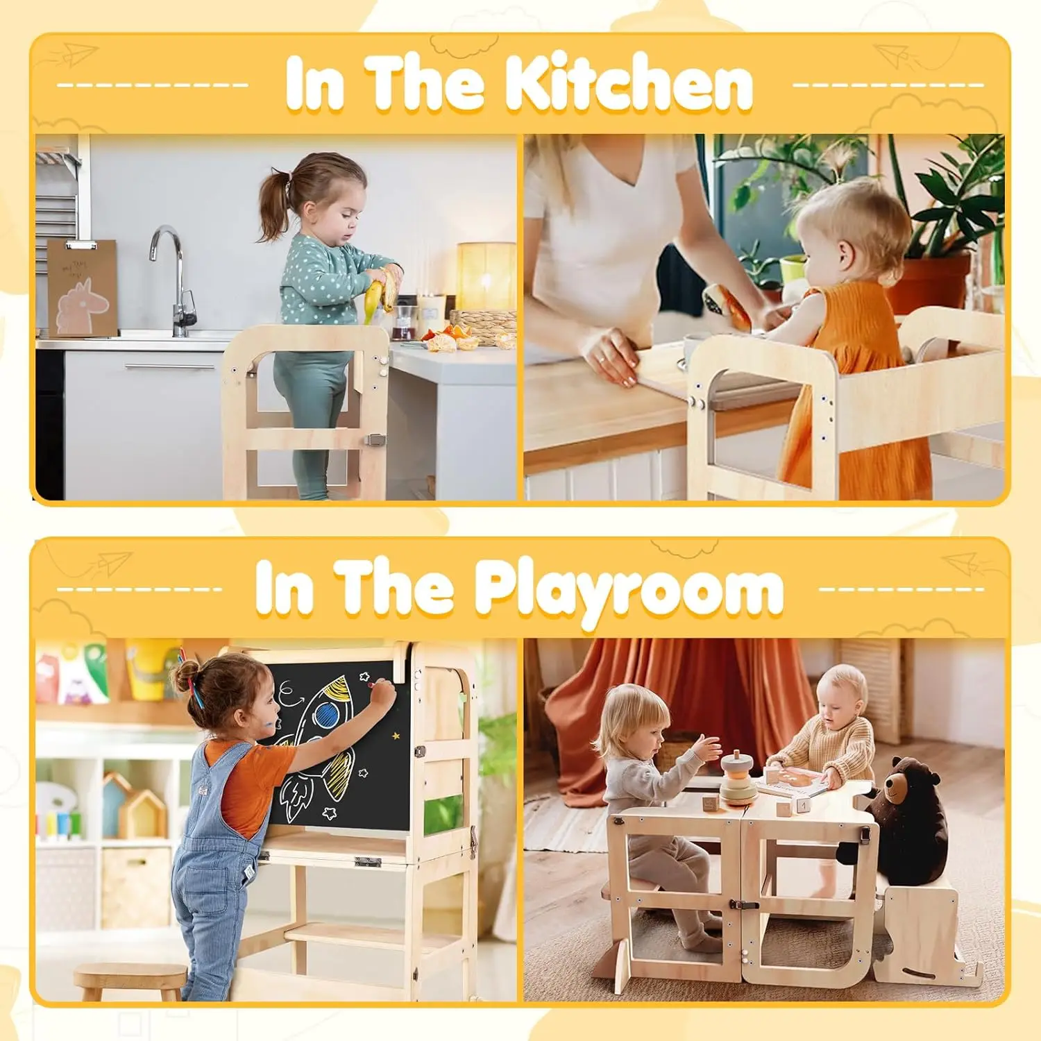 Step Stool with Wooden Stool, Foldable Learning Standing Tower with Blackboard & Feeding Tray, Wooden Kitchen Stool Helper for K