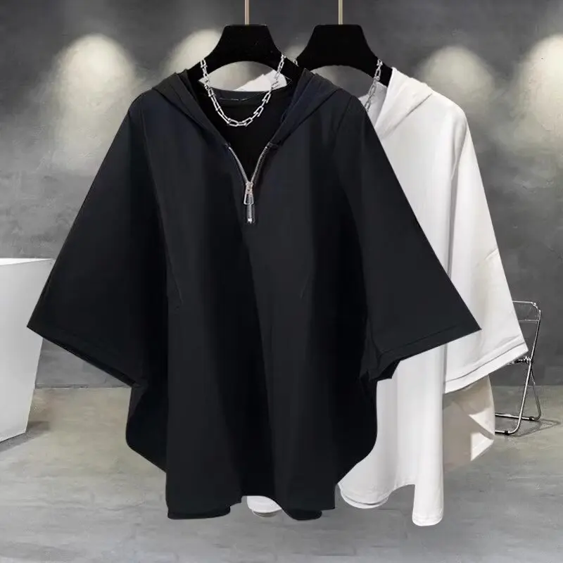 Men Summer Japanese Style Half Zip Batwing Short Sleeve Hooded T-Shirt, Loose Trendy Handsome Versatile Casual Top