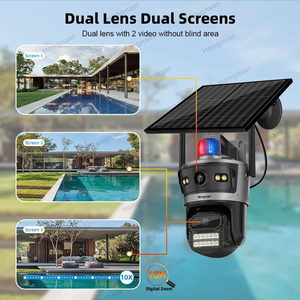 Hongnaer 8MP 4K عدسة مزدوجة AOV 24/7 تسجيل واي فاي لاسلكي يعمل بالطاقة الشمسية ICSee الأمن في الهواء الطلق 4G بطاقة Sim CCTV كاميرا تعمل بالطاقة الشمسية