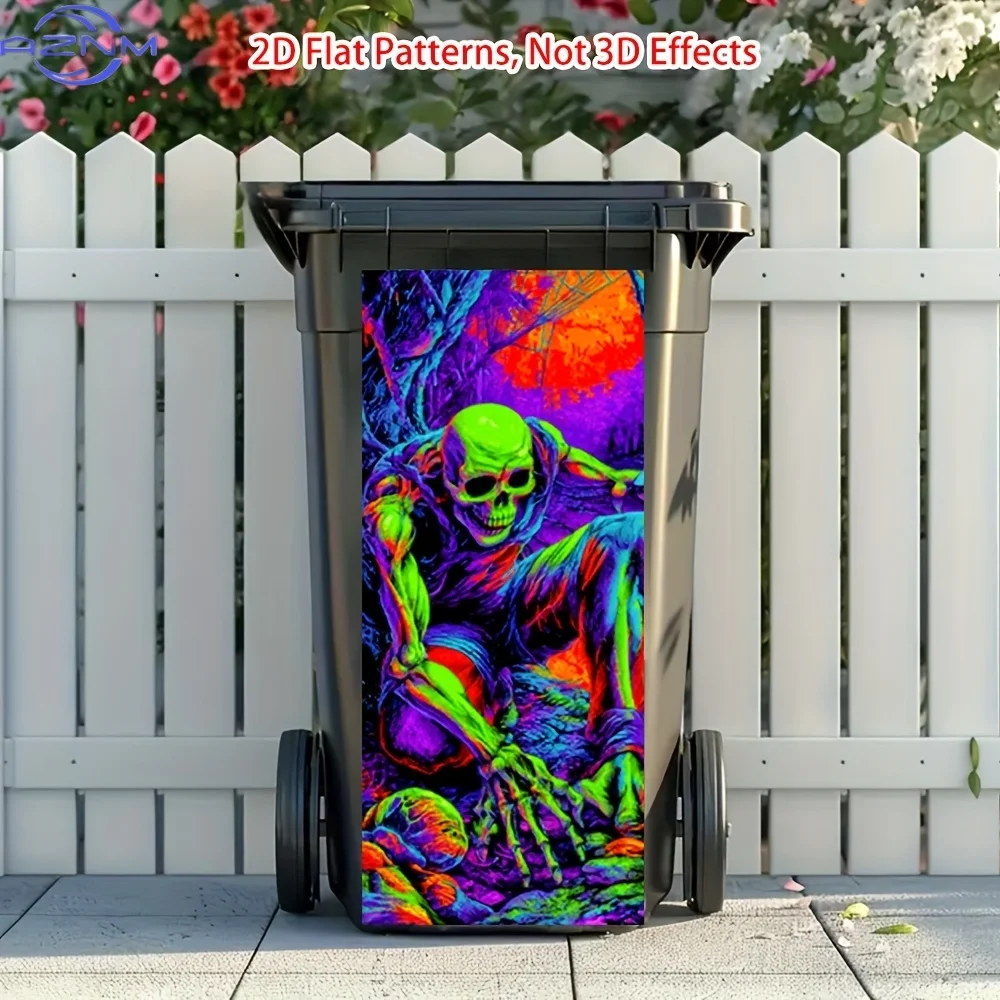 Neon Glow-in-the-Dark Style Psychedelic Skull & Spider PVC Sticker - Self-Adhesive Removable Decal for Walls, Trash Cans, Gard