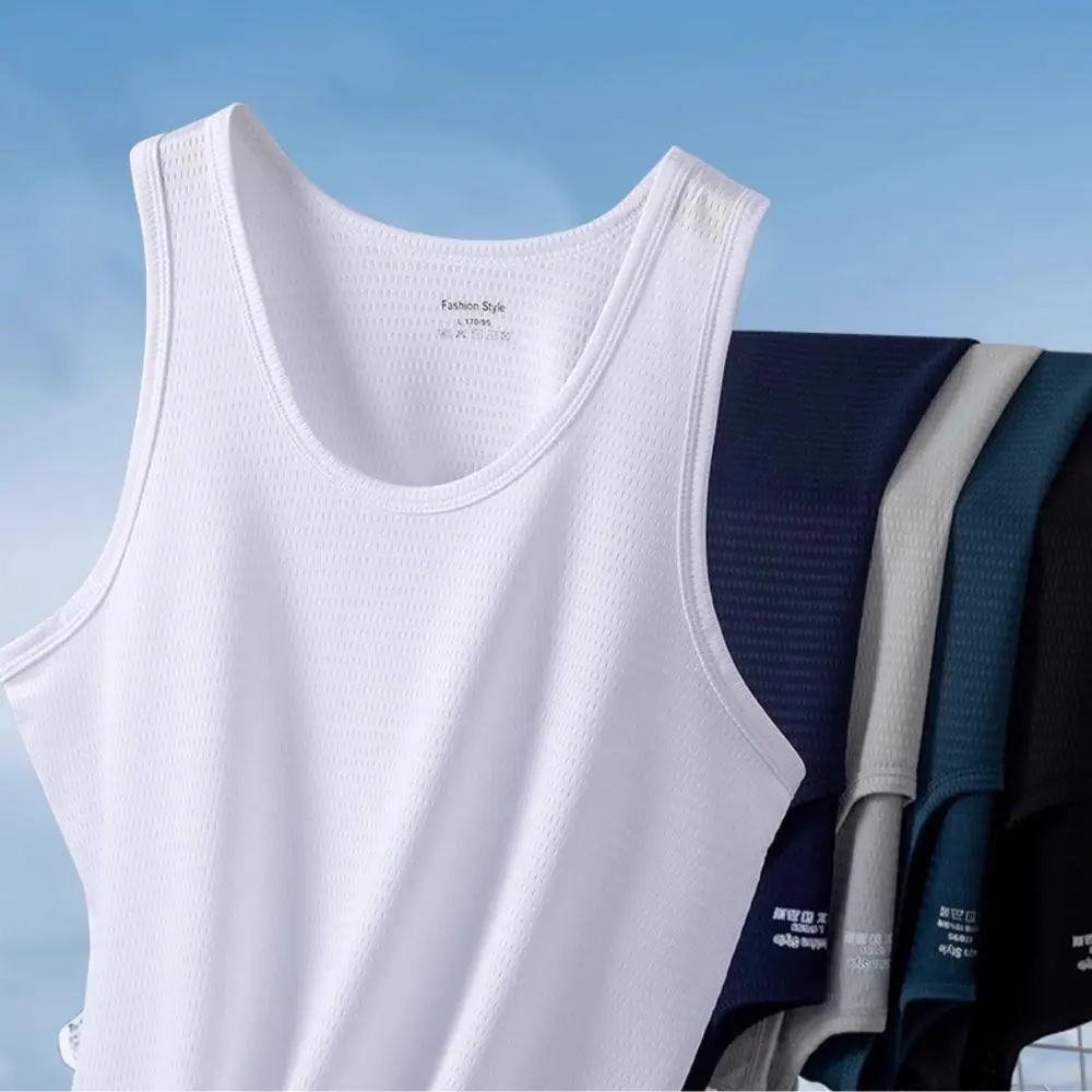 

Summer Sleeveless Sport T Shirts Gym Bodybuilding Fitness Workout Muscle Vests Mesh Hole Ice Silk Vest Casual Fashion Men Tops