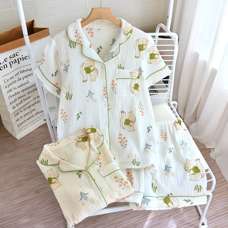 Japanese new style summer cotton short-sleeved shorts pajamas suit women double gauze cute strawberry thin home service women