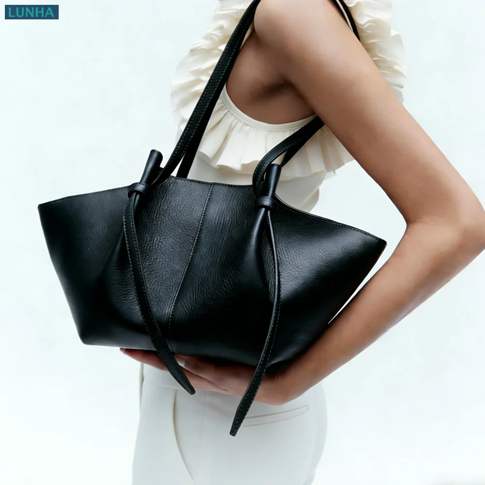Women's Grained Leather Winged Shoulder Tote Bag Knotted Drawstring Soft Structured Luxury Everyday Commuter Large Handbag