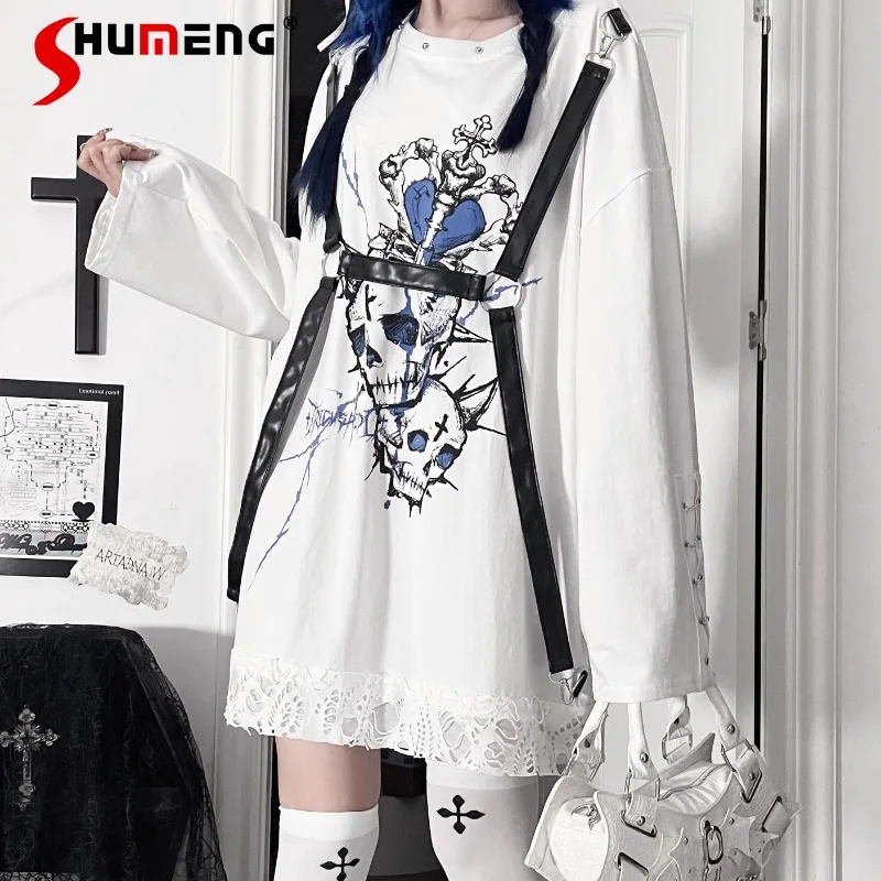 

Original Print Subculture Dark Loose Belt Patchwork Long Sleeves T-shirt Pullover Black Color Y2k Cartoon O-neck Tshirts Female