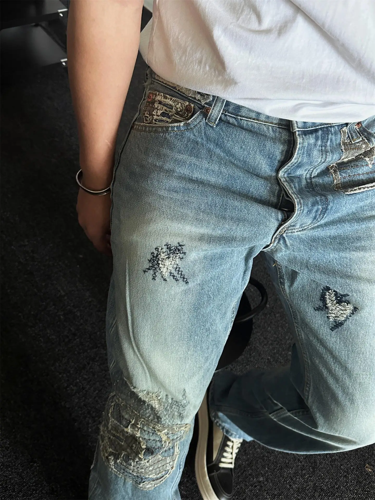 

Waed Heavy Embroidery Straight Leg Jeans Vintage Fabric Boro Sle mid Waist Long Pants for Men Spring Season China Made