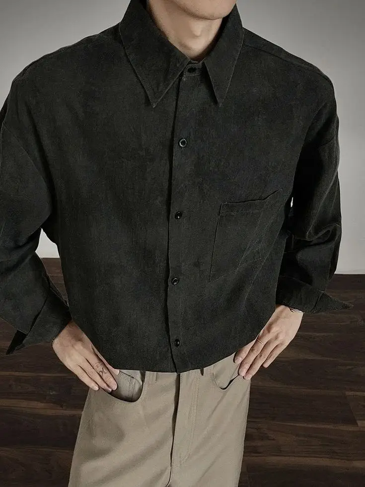 Retro American Dyed Long Sleeve Shirt Men's Spring Autumn Loose Pointed Collar Open Cardigan High-End Feel Outerwear