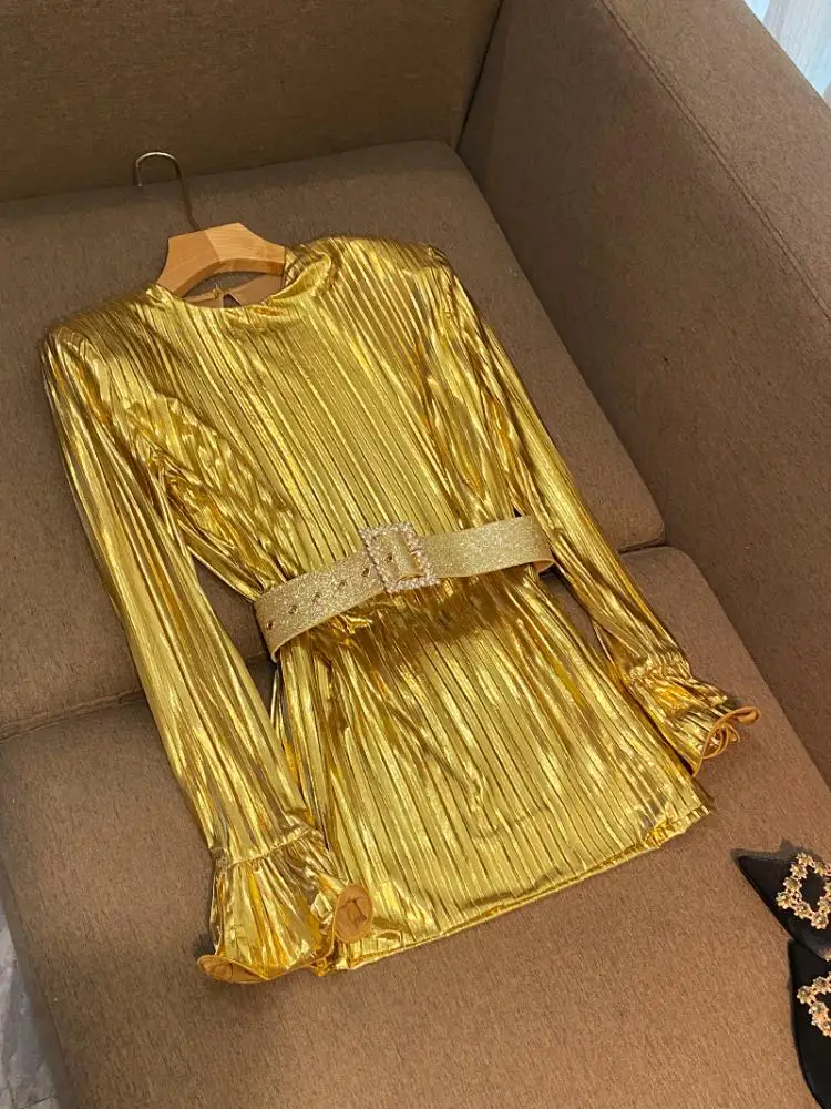 فستان ذهبي فضفاض من الساتان الجميل Dr Ele بتصميم فريد من نوعه فاخر A5886 للتنقل عالي الخصر للنساء