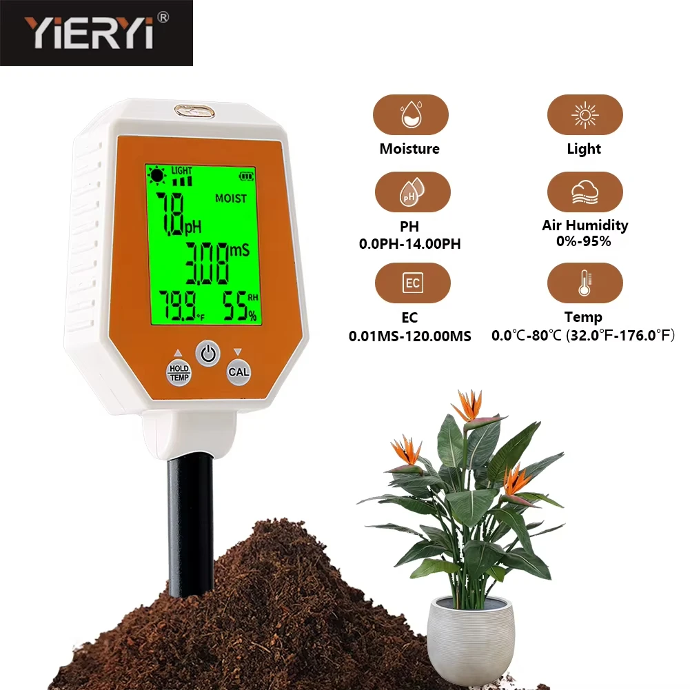 YIERYI 6 in 1 Soil Tester Meter PH/EC/humidity/Sunlight/Air Humidity/Temperature High Accuracy Conductivity