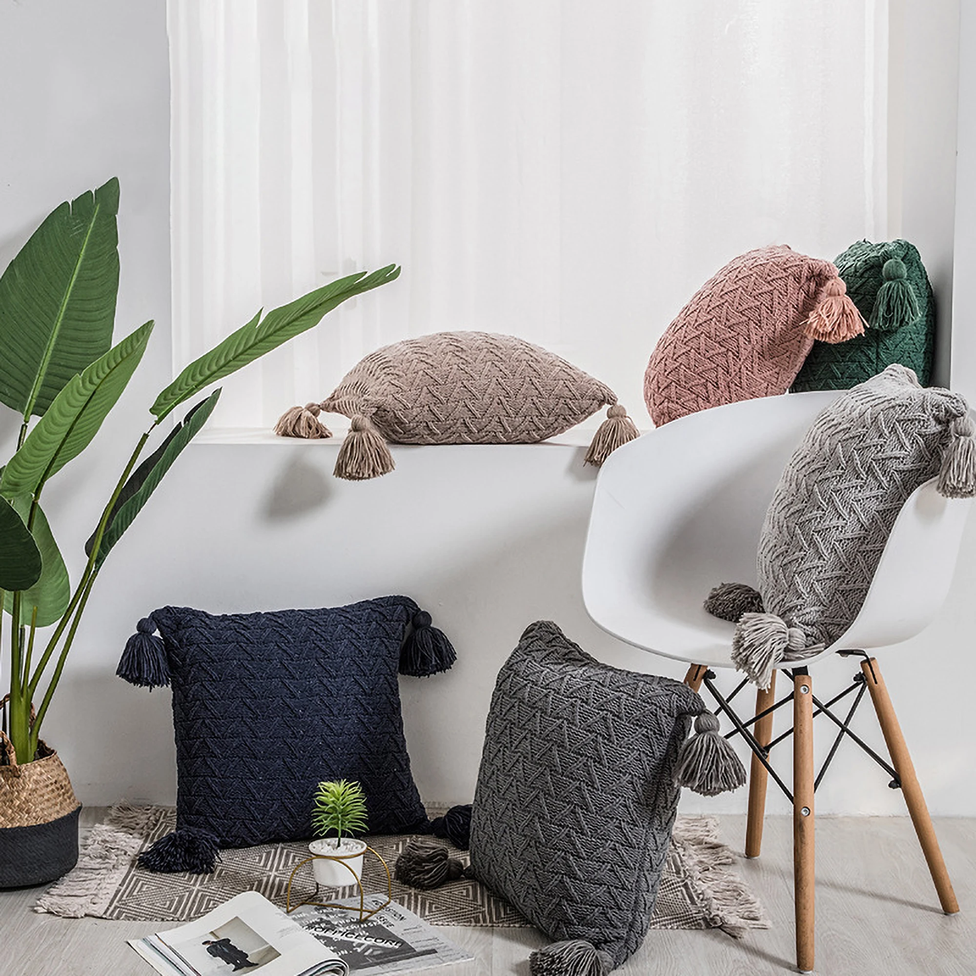 Double-Cable Warm Knitted Sofa Cushion European Style Stripe Decorative Throw Pillow Cover