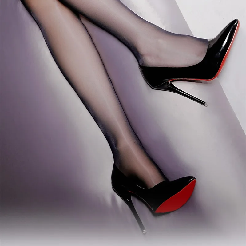 Sexy Black Bed High Heels For Women 10cm Stiletto Pointed Toe Nude Pumps Red Shinny Bottom Ladies Nightclub Prom Party Shoes 43