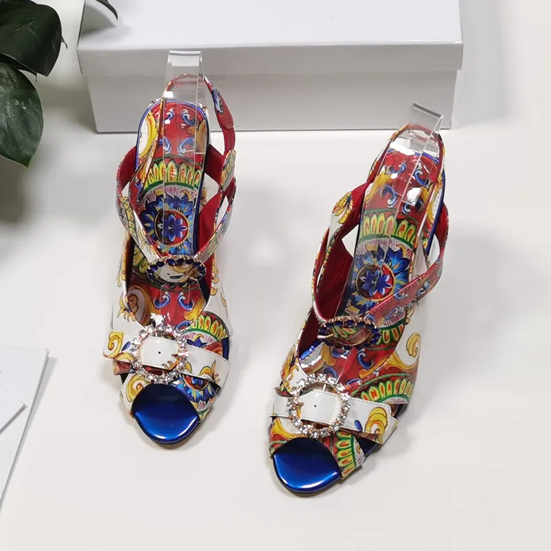 Women's Vibrant Baroque Print Block Heel Sandals Ankle Strap with Rhinestone Buckle Detail for Festivals Night Out Street Style