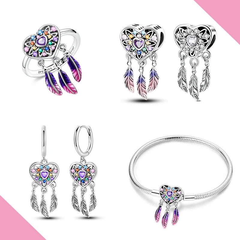 Original 925 Silber Dreamcatcher Charm Ohrring Armband Ring Halskette Fit Frau Schmuck Set Diy