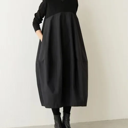 Autumn Winter New Round Neck Long Sleeve Knitted Splicing Long Dress Leisure In Japan And Korea