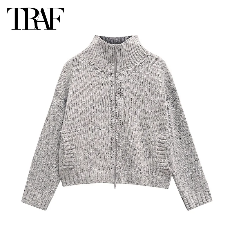 TRAF Sweater Cardigans 2024 Women's Autumn Winter Knitted Short Sweater Top Long Sleeve Cropped Knitwear Coat New In Outerwears