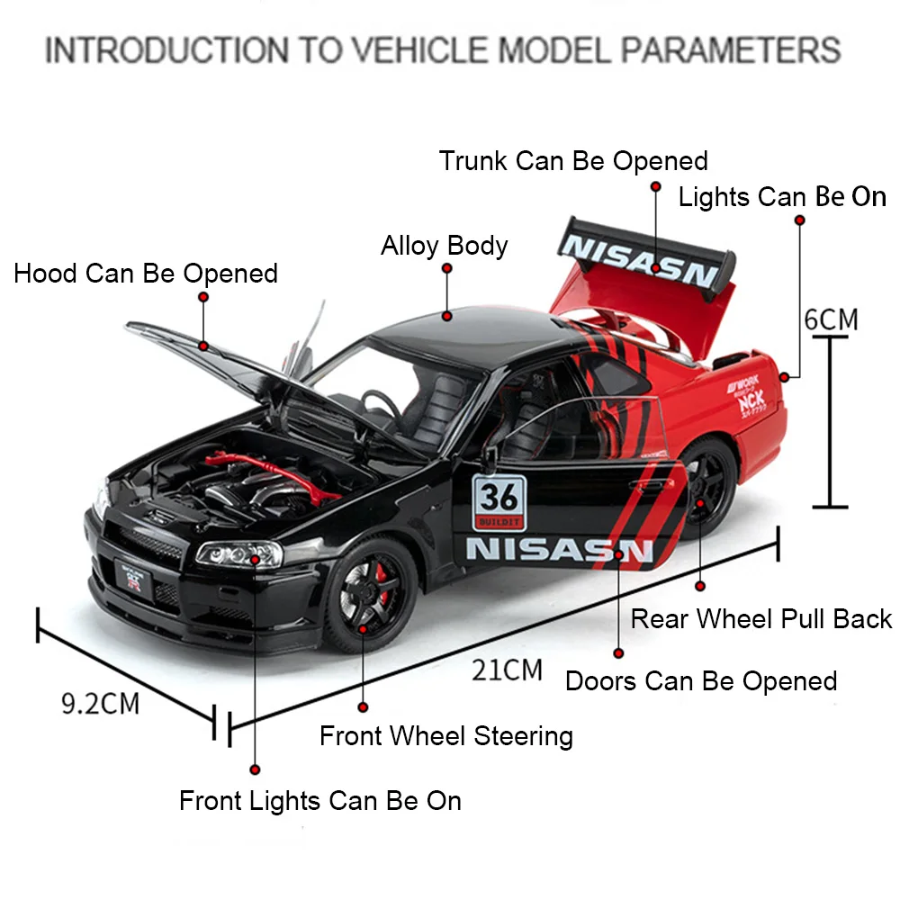 1:24 Scale GTR Sports Car Model Toy Music Light Pull Back Shock Absorption Miniature Supercar Models Toys for Children's Gifts