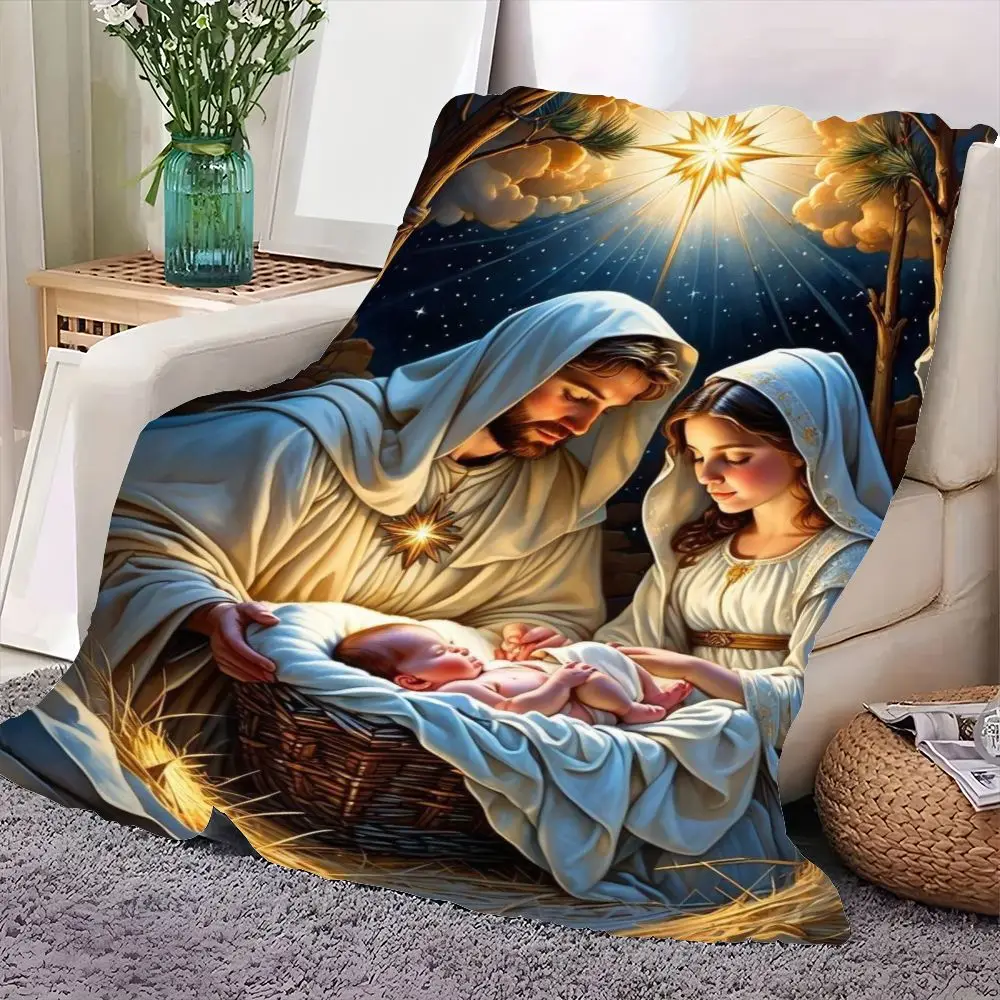 مشهد المهد المقدس مع طفل يسوع في مدير - ديكور عيد الميلاد الريفي الصادق الذي يتميز بجزيف ومريم تحت نجم ساطع