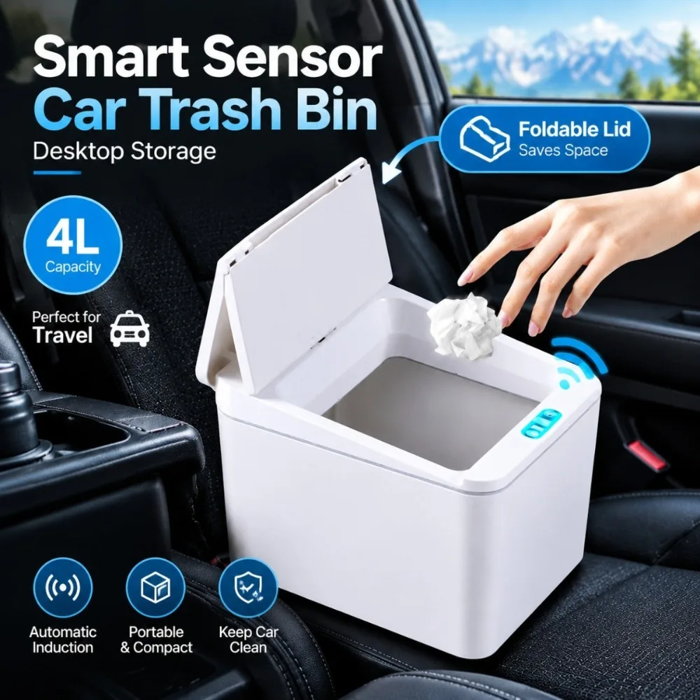 Smart Sensor Car Trash Bin Automatic Touchless Garbage Can 4L Mini Desktop Trash Can for Car Office Home Travel Storage