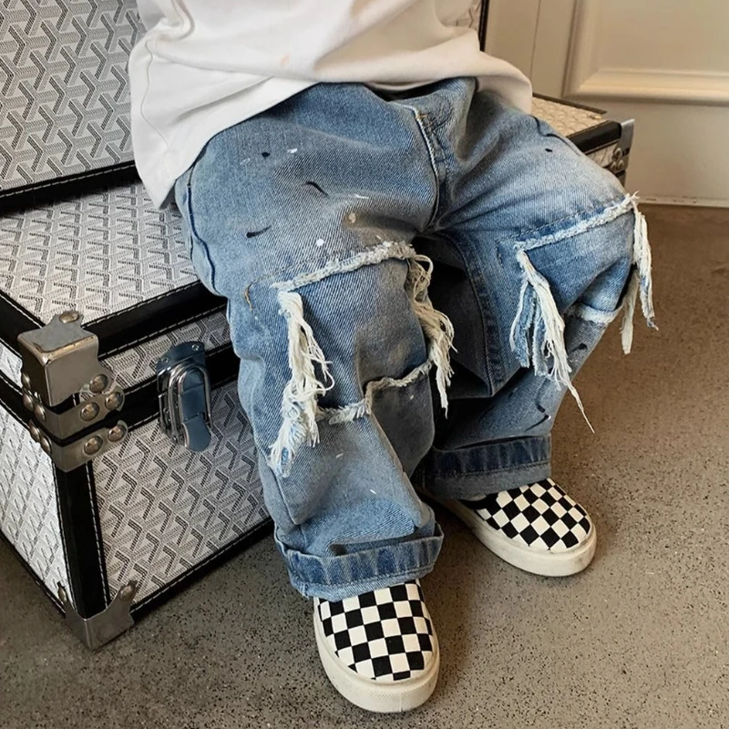 2026 New Boys Jeans Casual Straight Loose Blue Ripped Patch Denim Pants Autumn Spring Children Trousers Kids Fashion Clothing