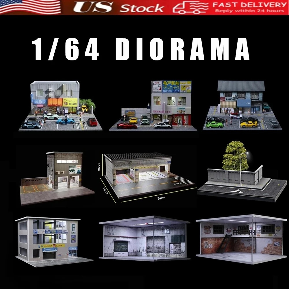 

Diorama 1/64 Car Parking Lot with LED Lighting Japanese Commercial Building Model Scene Display Model