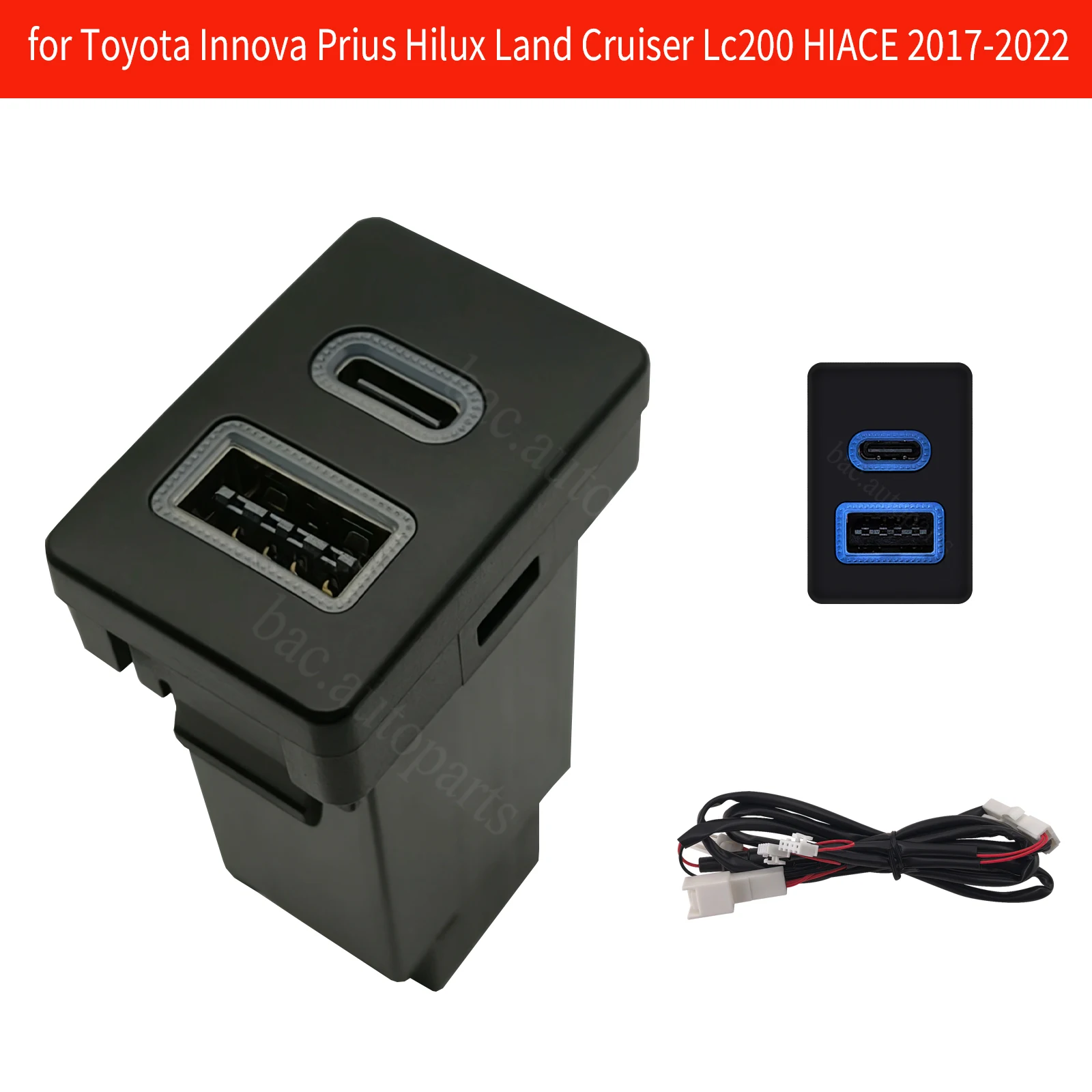 12V Dual Fast Car Charger PD QC3.0 USB & Type-C Socket for Toyota (Auris/Prius/Hilux/Land Cruiser LC200/Innova/HIACE) 2014-2022