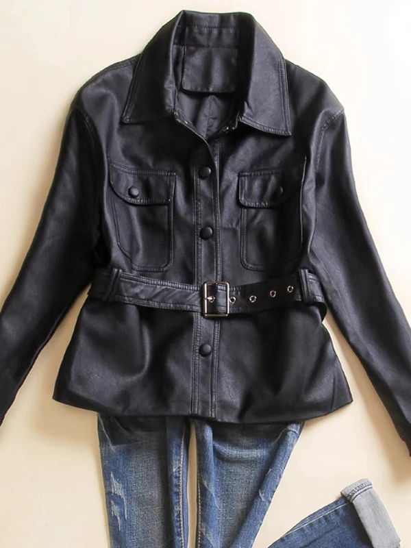 

Faionable Versatile Women's Leather Jaet Korean Sle Spring 2025 Ele Unique High-End Feel Loose Fit Long Sve