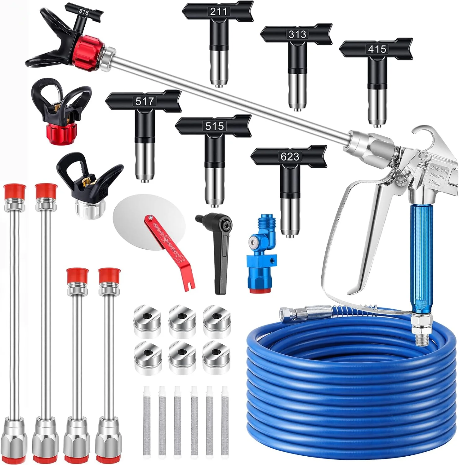 Airless Paint Spray Gun Kit 3600PSI,Complete Sprayer Set,6 Nozzles 211 313 415 515 517 623,Extension Wands,High Pressure Hose