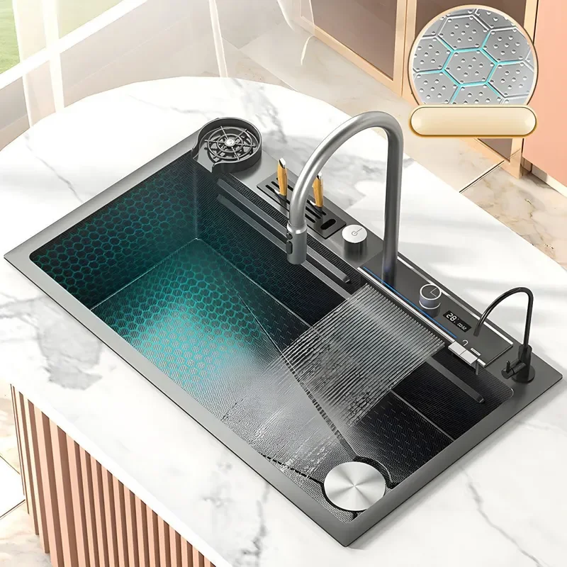 for Kitchen Sink Whale Digital Display Button Multi-function with Knife Holder Cup Washer Flying Rain Waterfall