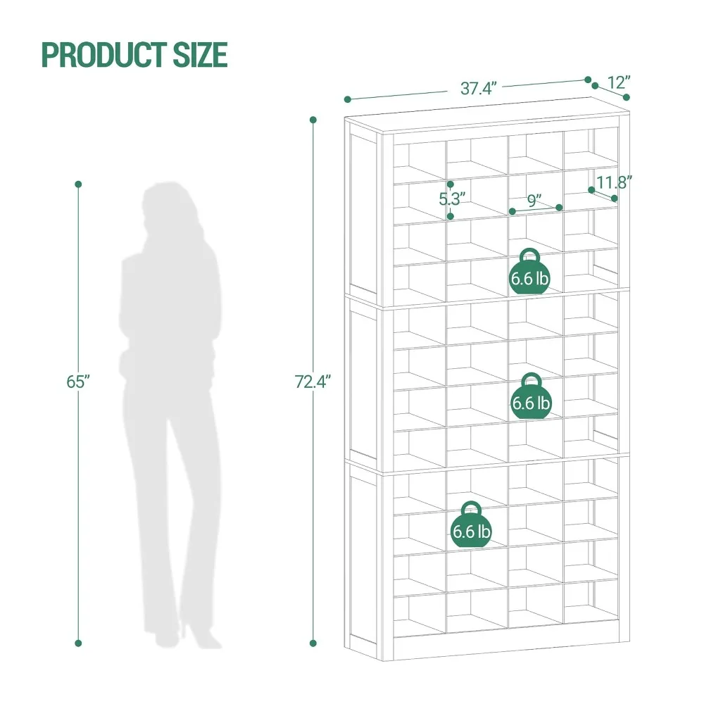 Shoe Storage Cabinet, 48 Pairs Free Standing Closet Organizer, 9 inch Widened Cell Wood Shoe Organizer, 12 Tiers, Customized